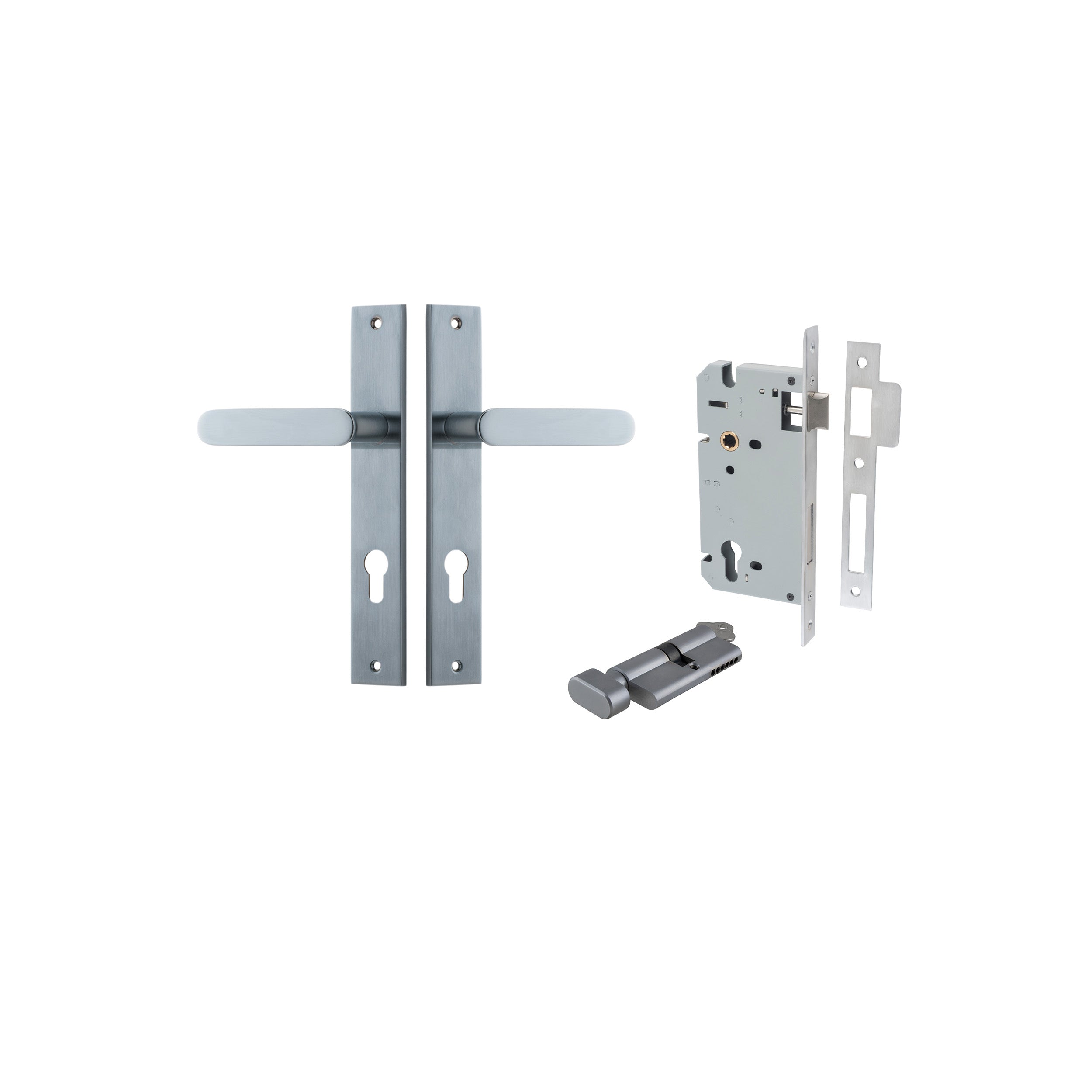 Bronte Lever - Rectangular Backplate Entrance Kit with High Security Lock Satin Chrome / Solid Brass