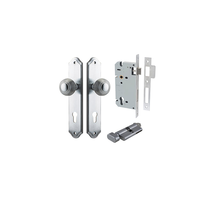 Guildford Knob - Shouldered Backplate Entrance Kit with High Security Lock Satin Chrome / Solid Brass