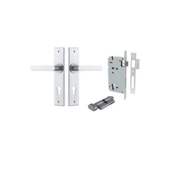 Copenhagen Lever - Chamfered Backplate Entrance Kit with High Security Lock Satin Chrome / Solid Brass
