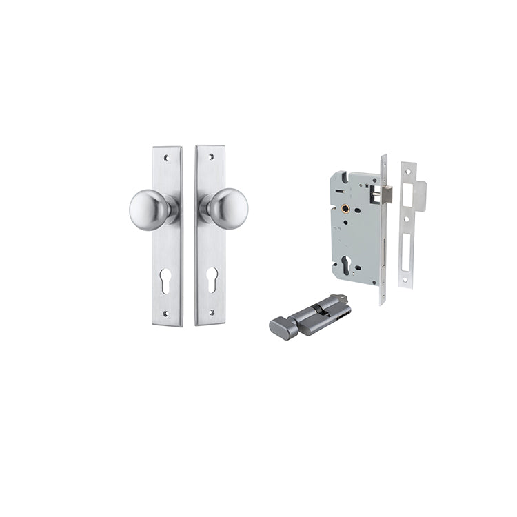 Cambridge Knob - Chamfered Backplate Entrance Kit with High Security Lock Satin Chrome / Solid Brass