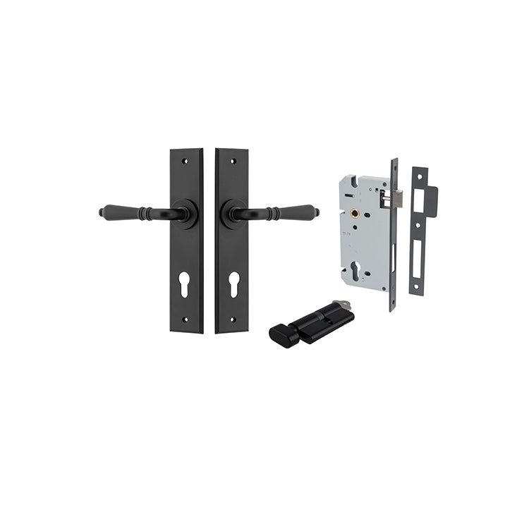 Sarlat Lever - Chamfered Backplate Entrance Kit with High Security Lock Matt Black / Solid Brass