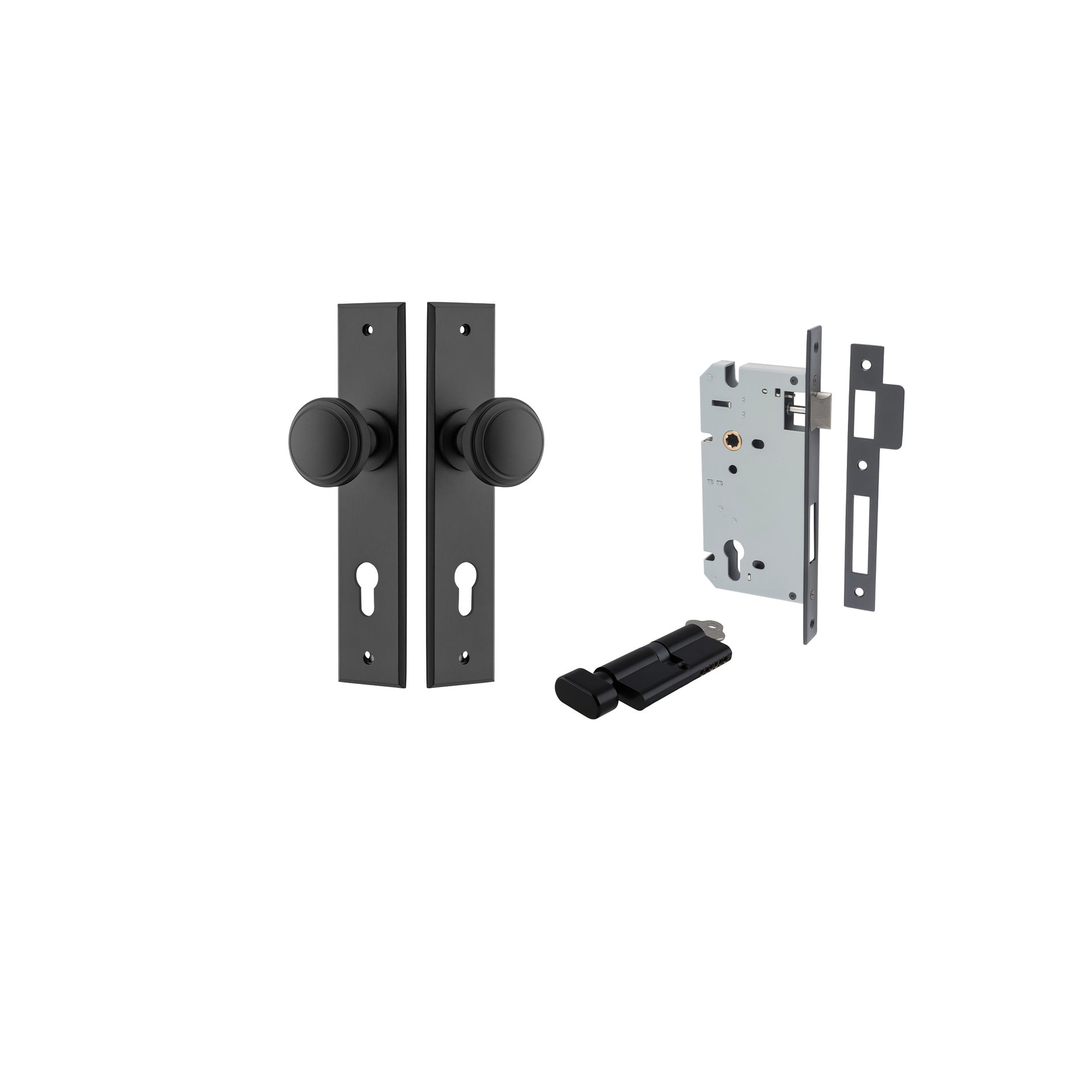 Paddington Knob - Chamfered Backplate Entrance Kit with High Security Lock Matt Black / Solid Brass