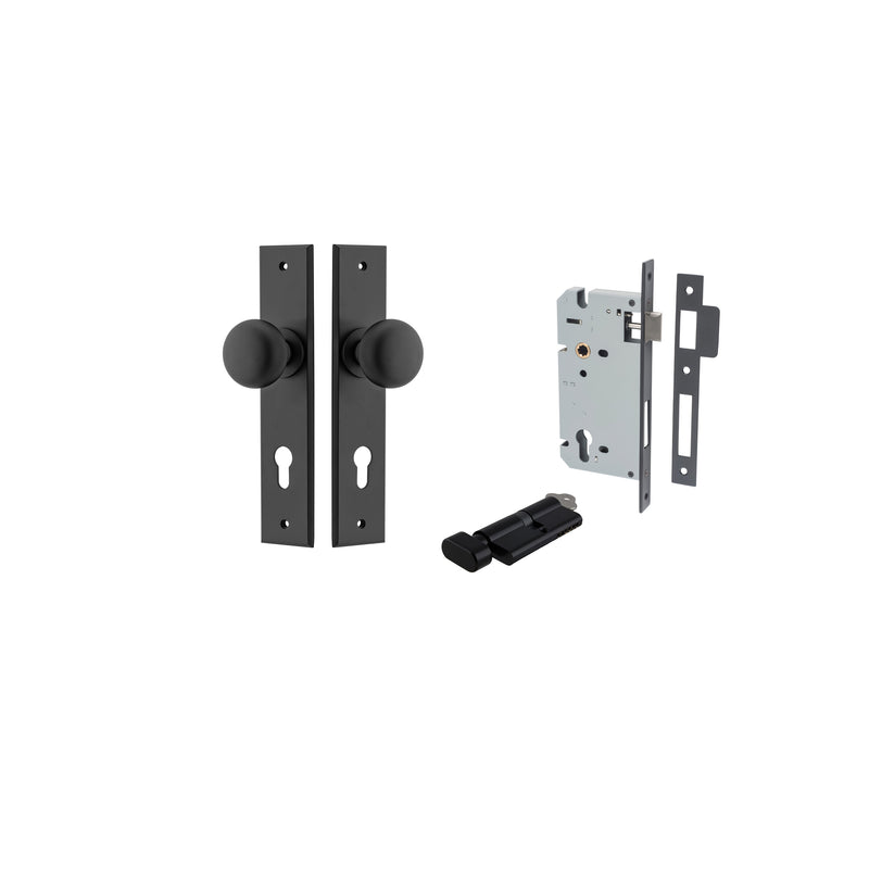 Cambridge Knob - Chamfered Backplate Entrance Kit with High Security Lock Matt Black / Solid Brass