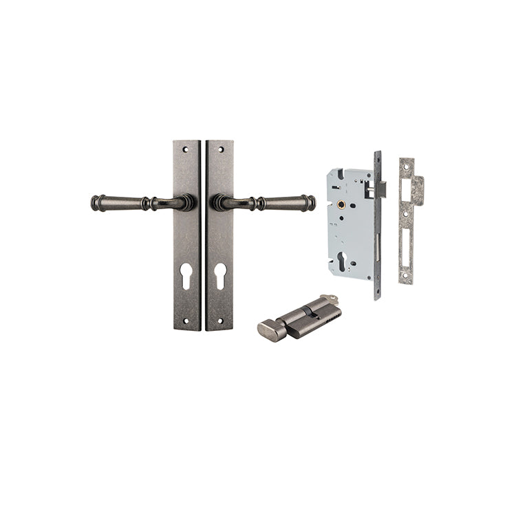 Verona Lever - Rectangular Backplate Entrance Kit with High Security Lock Rumbled Nickel / Solid Brass