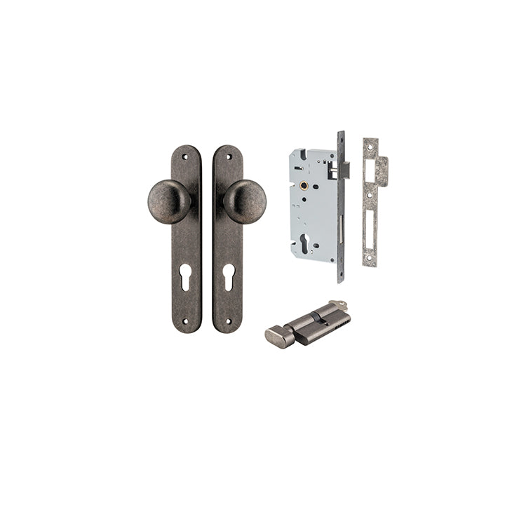Cambridge Knob - Oval Backplate Entrance Kit with High Security Lock Rumbled Nickel / Solid Brass