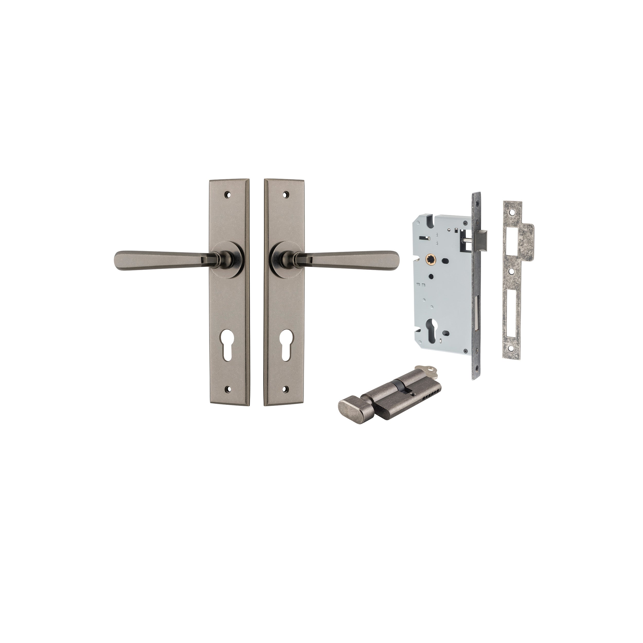 Copenhagen Lever - Chamfered Backplate Entrance Kit with High Security Lock Rumbled Nickel / Solid Brass