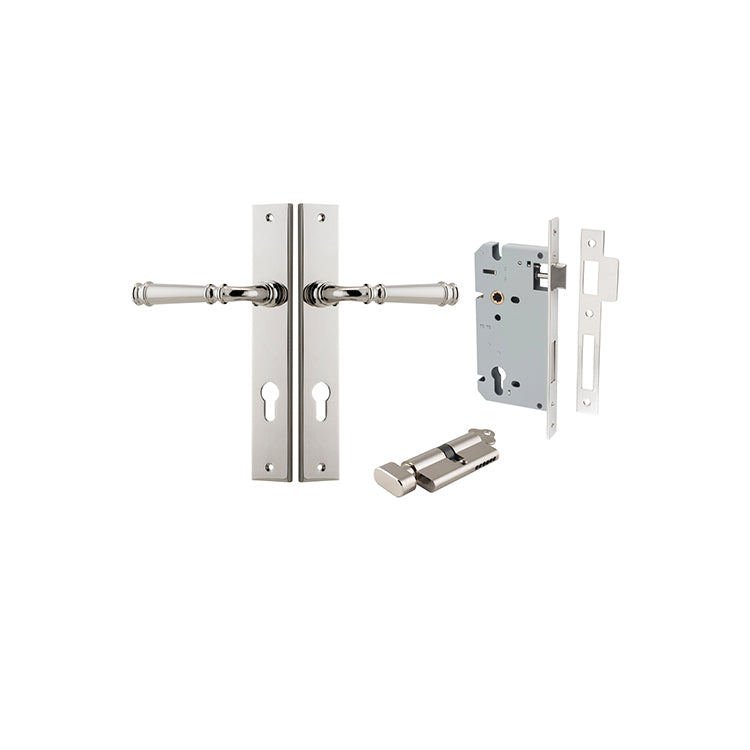 Verona Lever - Rectangular Backplate Entrance Kit with High Security Lock Polished Nickel / Solid Brass