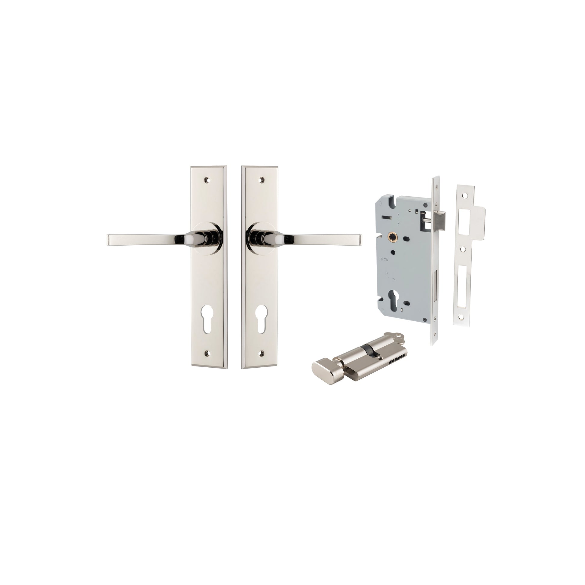 Annecy  Lever - Chamfered Backplate Entrance Kit with High Security Lock Polished Nickel / Solid Brass