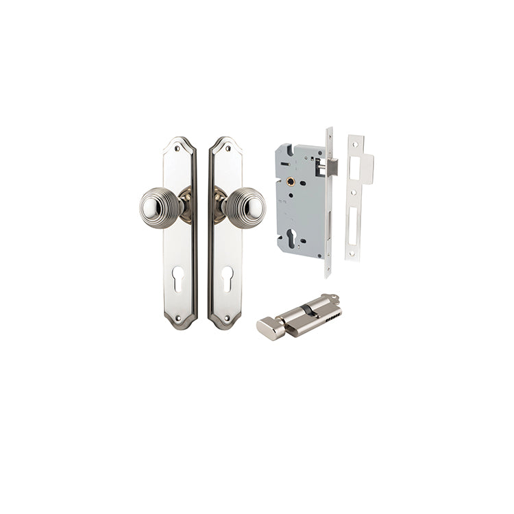 Guildford Knob - Shouldered Backplate Entrance Kit with High Security Lock Polished Nickel / Solid Brass