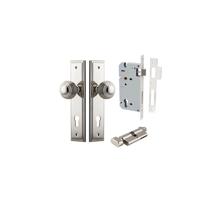 Guildford Knob - Stepped Backplate Entrance Kit with High Security Lock Polished Nickel / Solid Brass