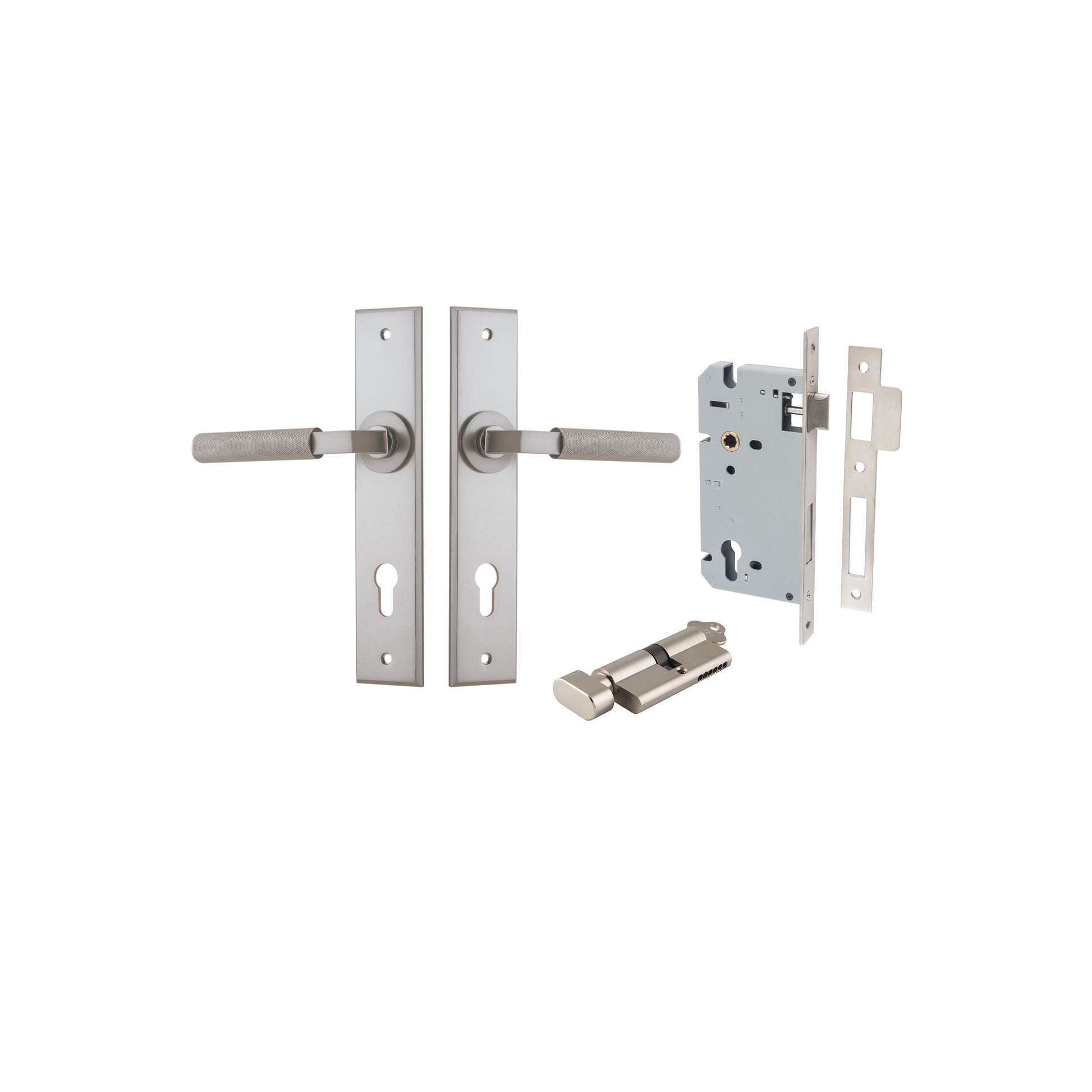Brunswick Lever - Chamfered Backplate Entrance Kit with High Security Lock Satin Nickel / Solid Brass