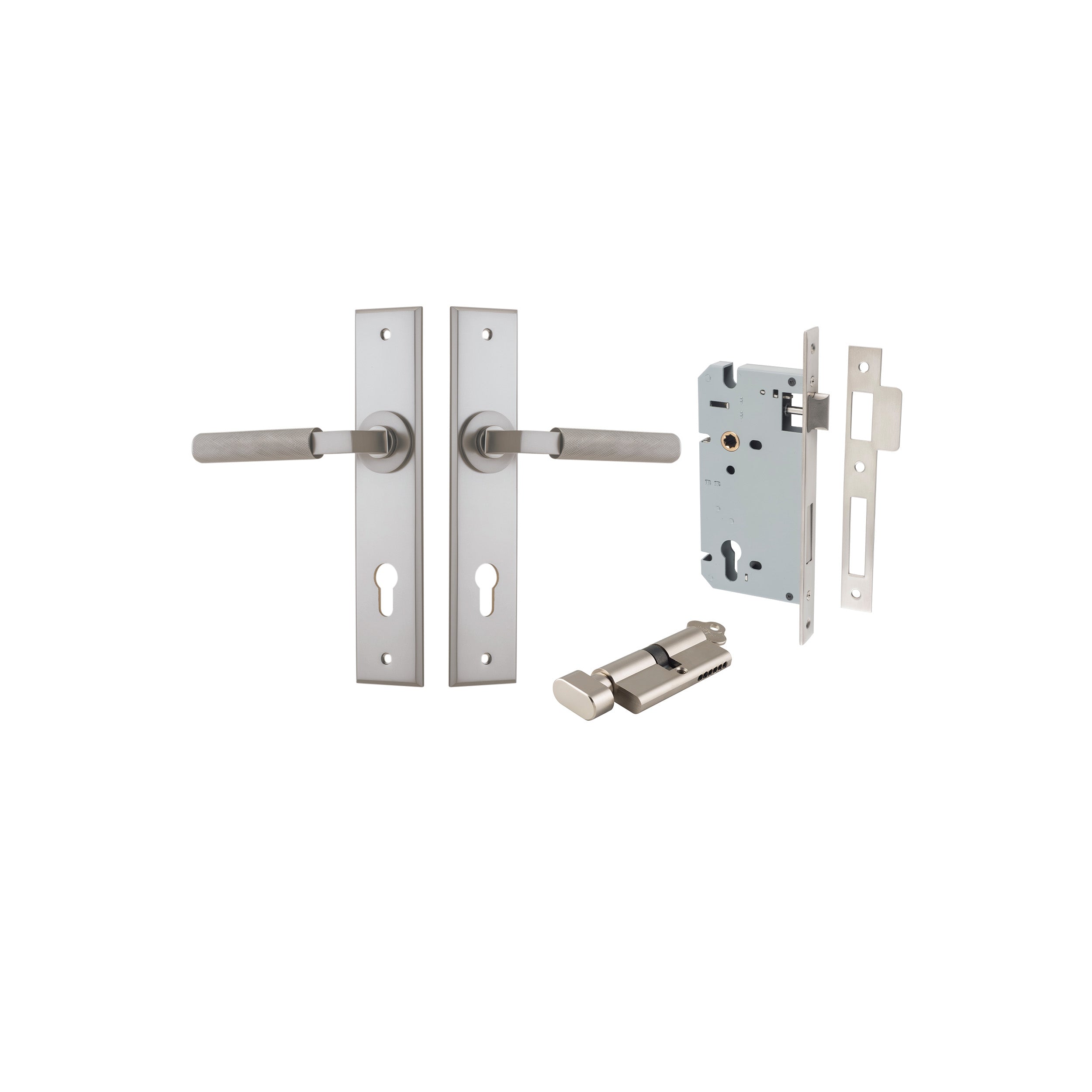 Brunswick Lever - Chamfered Backplate Entrance Kit with High Security Lock Satin Nickel / Solid Brass