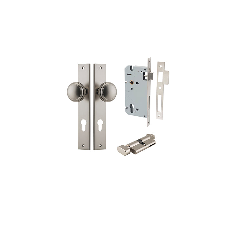 Paddington Knob - Rectangular Backplate Entrance Kit with High Security Lock Satin Nickel / Solid Brass