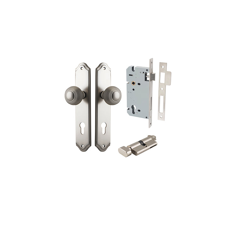 Guildford Knob - Shouldered Backplate Entrance Kit with High Security Lock Satin Nickel / Solid Brass