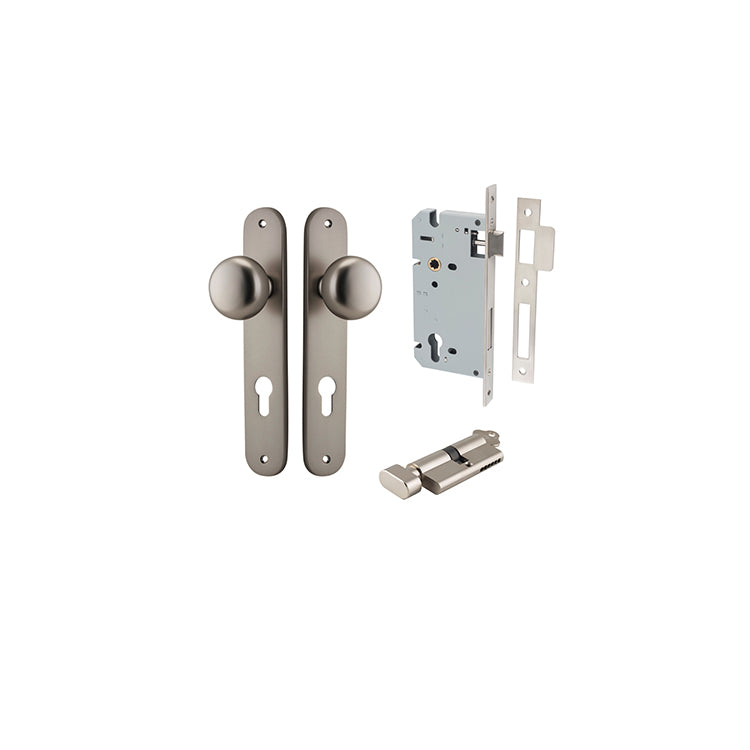 Cambridge Knob - Oval Backplate Entrance Kit with High Security Lock Satin Nickel / Solid Brass
