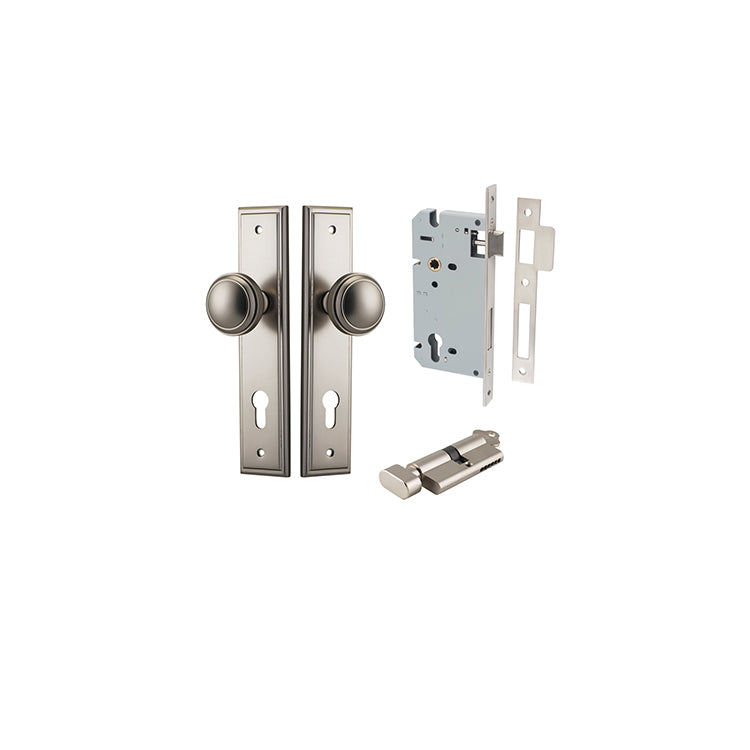 Paddington Knob - Stepped Backplate Entrance Kit with High Security Lock Satin Nickel / Solid Brass