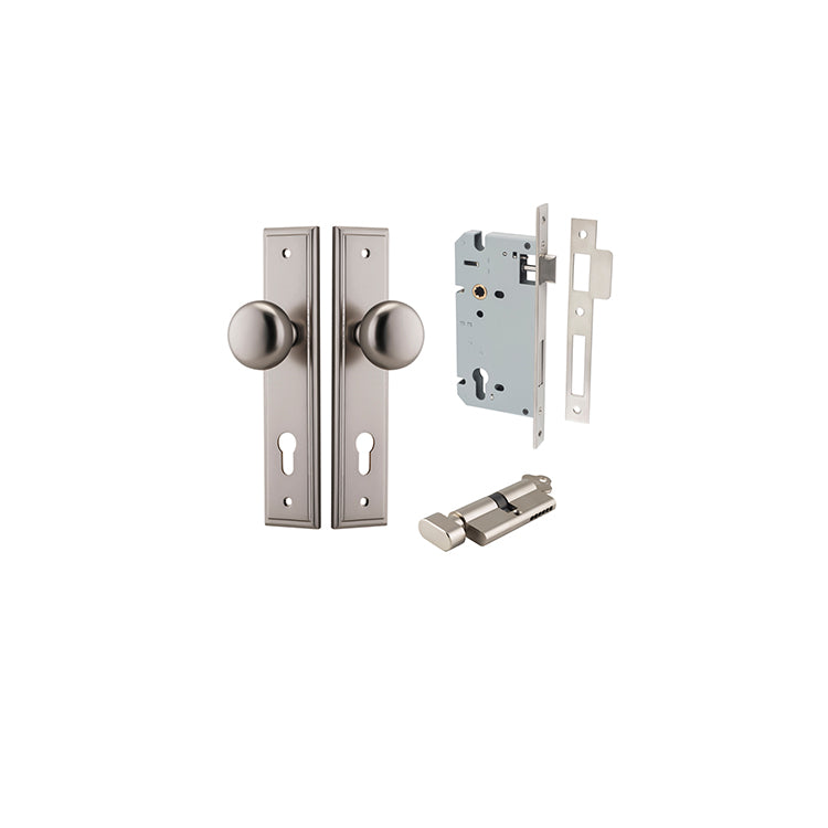 Cambridge Knob - Stepped Backplate Entrance Kit with High Security Lock Satin Nickel / Solid Brass