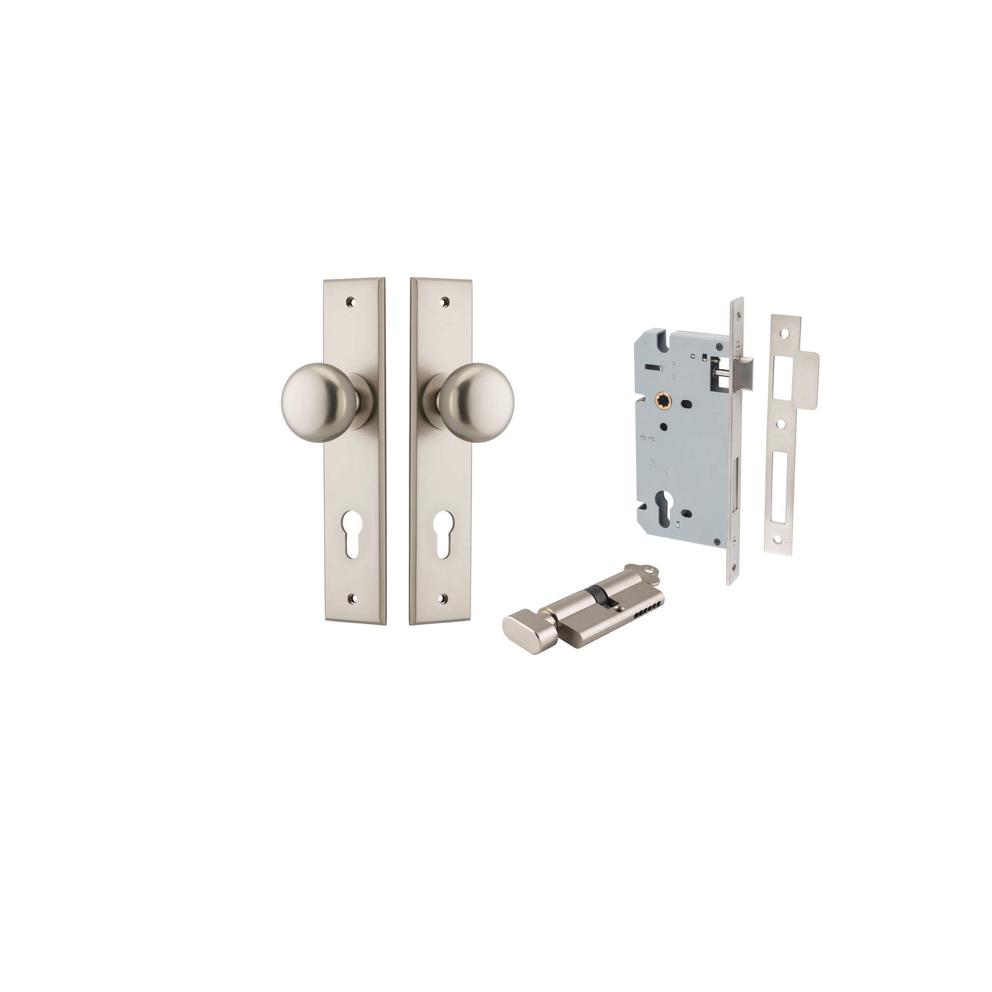 Cambridge Knob - Chamfered Backplate Entrance Kit with High Security Lock Satin Nickel / Solid Brass