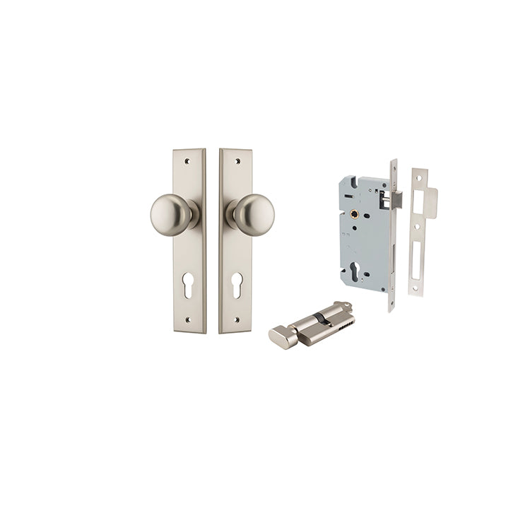 Cambridge Knob - Chamfered Backplate Entrance Kit with High Security Lock Satin Nickel / Solid Brass