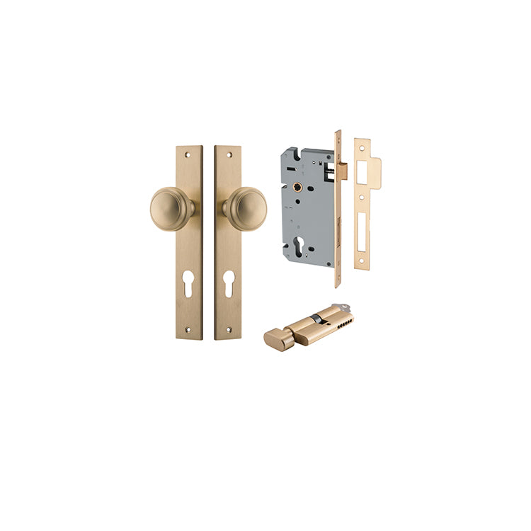 Paddington Knob - Rectangular Backplate Entrance Kit with High Security Lock Satin Brass / Solid Brass