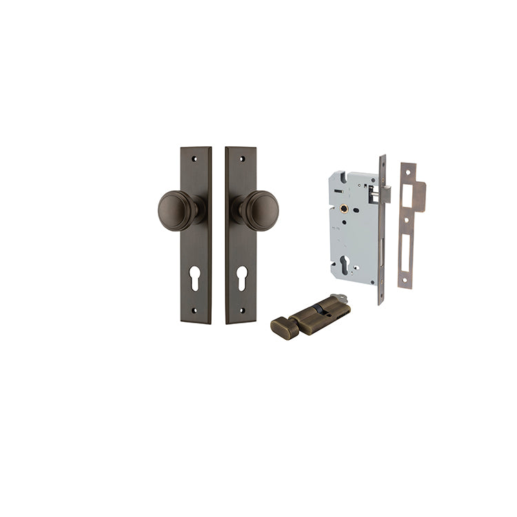 Paddington Knob - Chamfered Backplate Entrance Kit with High Security Lock Antique Brass / Solid Brass