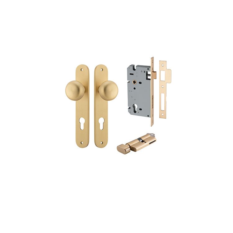 Cambridge Knob - Oval Backplate Entrance Kit with High Security Lock Satin Brass / Solid Brass