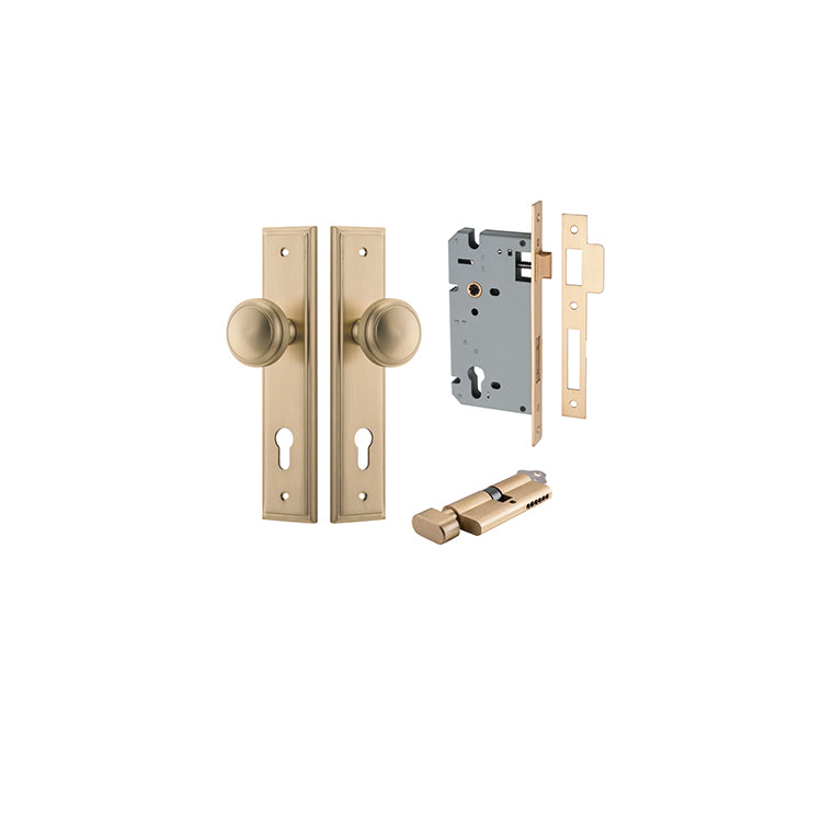 Paddington Knob - Stepped Backplate Entrance Kit with High Security Lock Satin Brass / Solid Brass