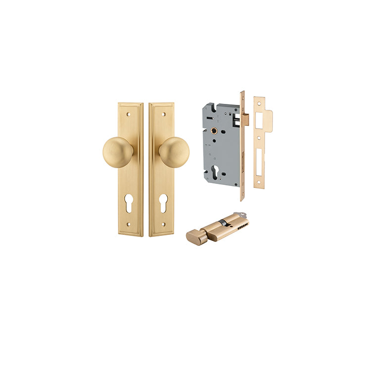 Cambridge Knob - Stepped Backplate Entrance Kit with High Security Lock Satin Brass / Solid Brass