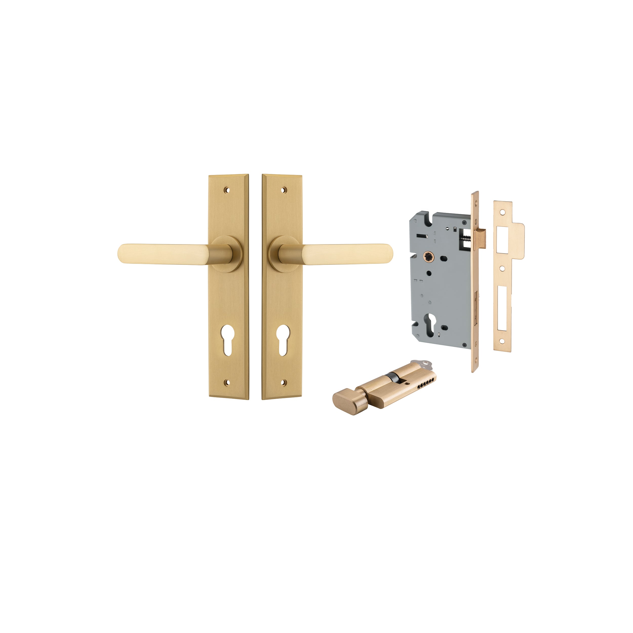 Osaka Lever - Chamfered Backplate Entrance Kit with High Security Lock Satin Brass / Solid Brass
