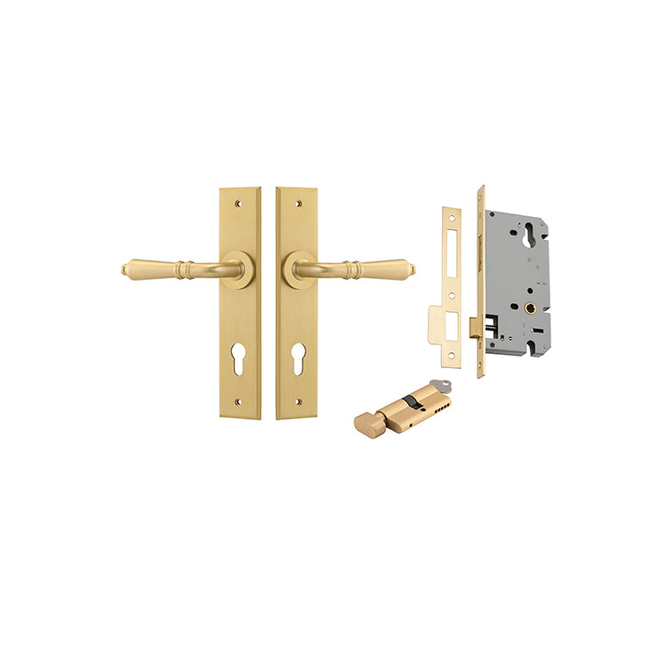 Sarlat Lever - Chamfered Backplate Entrance Kit with High Security Lock Brushed Gold PVD / Solid Brass