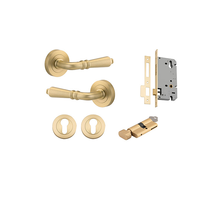 Sarlat Lever - Round Rose Entrance Kit with Separate High Security Lock Brushed Gold PVD / Solid Brass