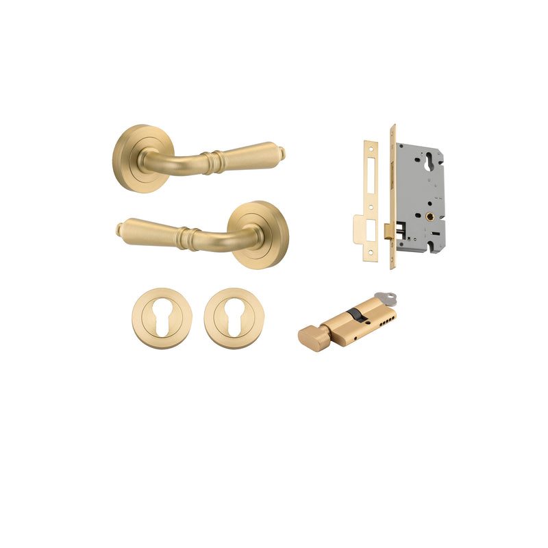 Sarlat Lever - Round Rose Entrance Kit with Separate High Security Lock Brushed Gold PVD / Solid Brass