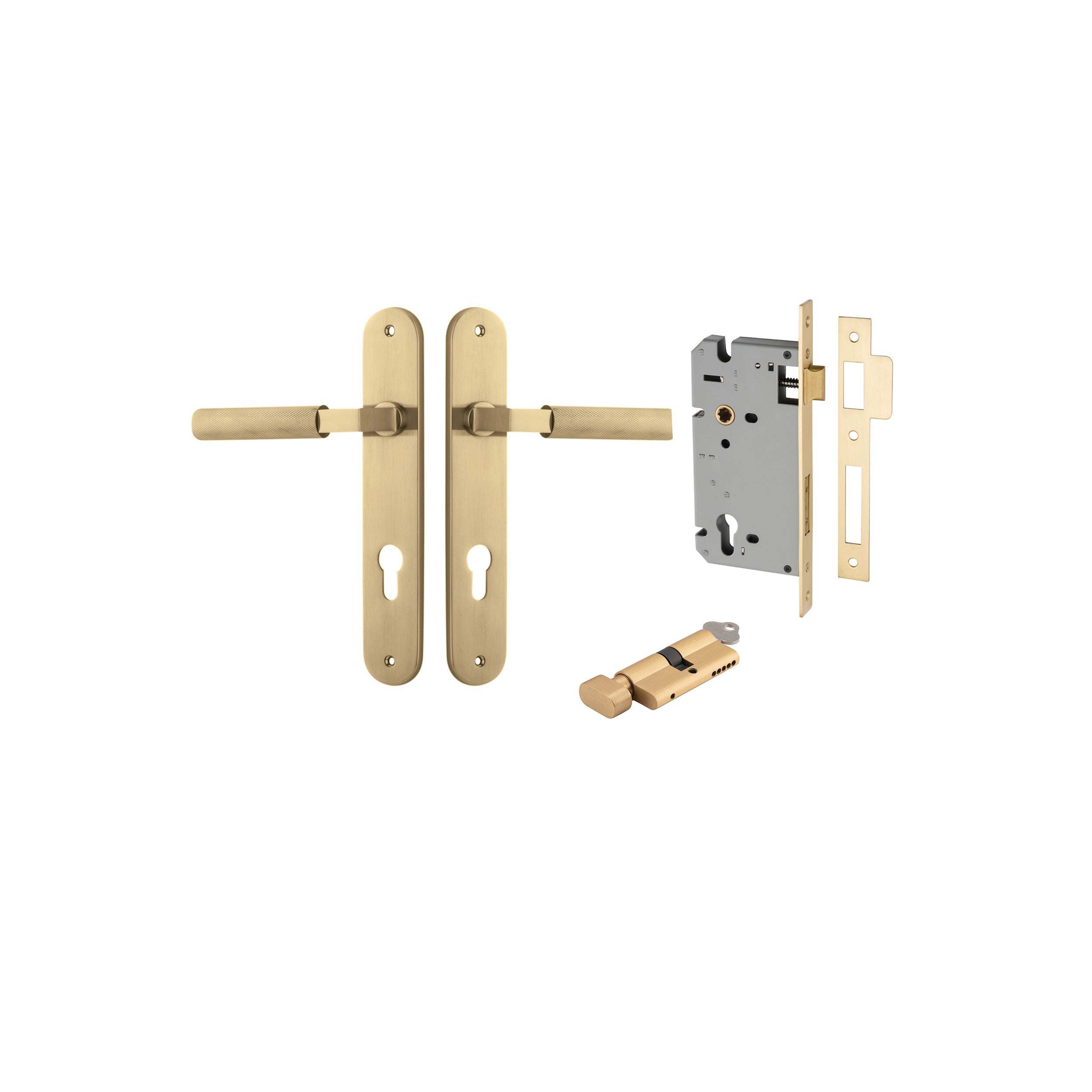 Brunswick Lever - Oval Backplate Entrance Kit with High Security Lock Brushed Gold PVD / Solid Brass