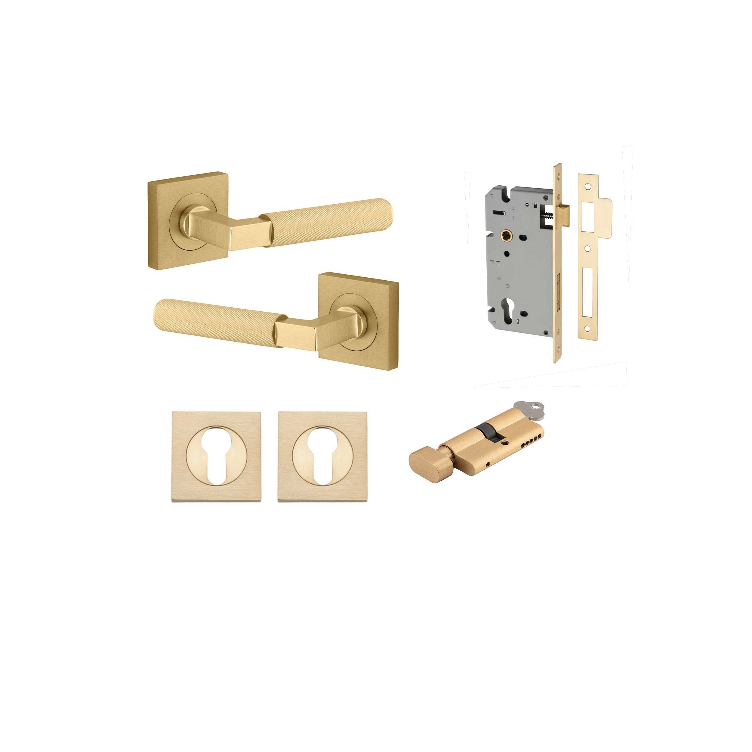 Brunswick Lever - Square Rose Entrance Kit with High Security Lock Brushed Gold PVD / Solid Brass