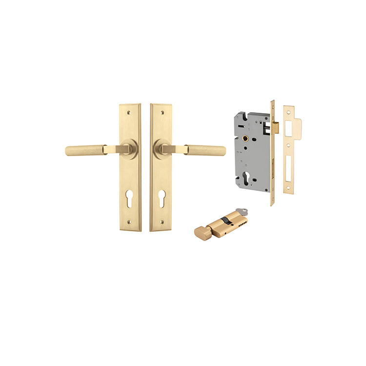 Brunswick Lever - Chamfered Backplate Entrance Kit with High Security Lock Brushed Gold PVD / Solid Brass