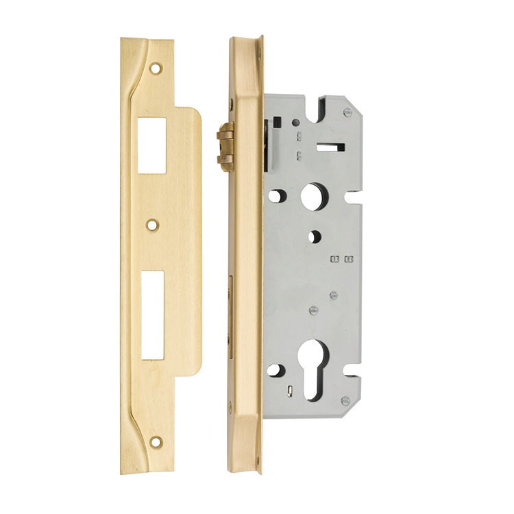 Rebated 85mm Euro Roller Mortice Locks - 45mm Backset Brushed Gold PVD / Solid Brass