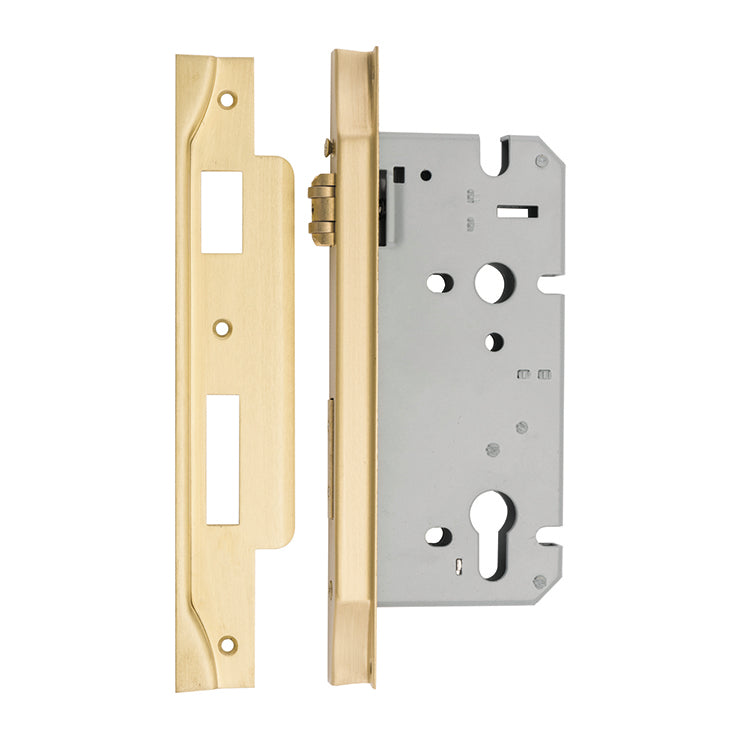 Rebated 85mm Euro Mortice Locks - 60mm Backset Brushed Gold PVD / Solid Brass
