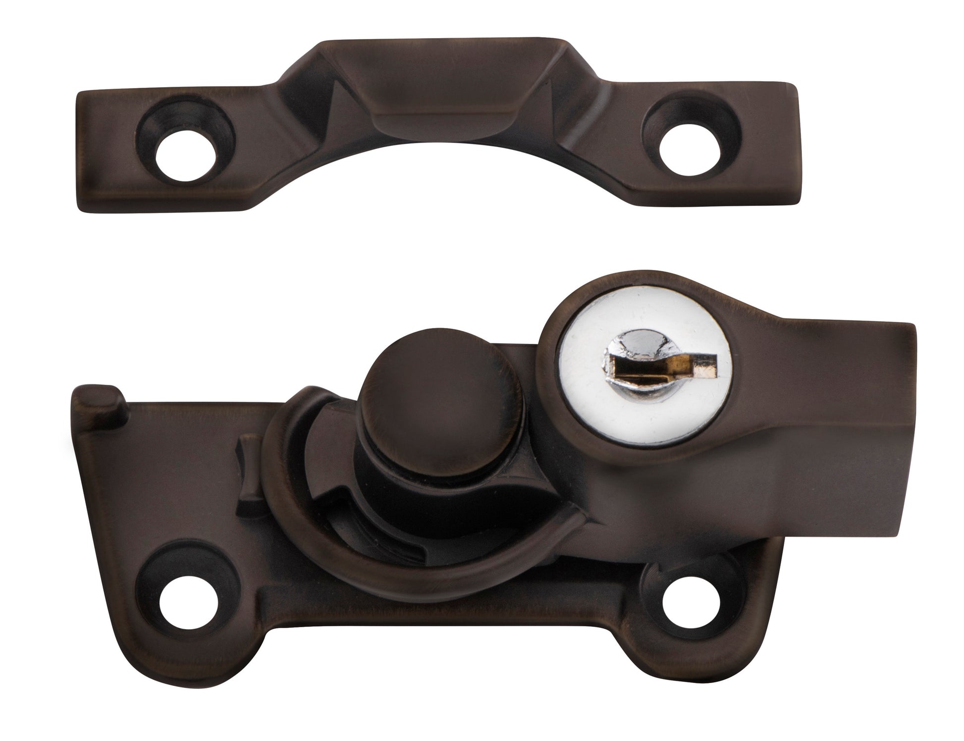 Wide Base Key Operated Locking Sash Fastener Antique Brass