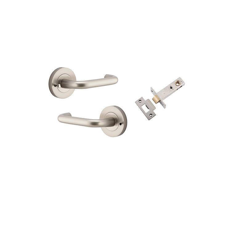 Oslo Lever - Round Rose (Inbuilt Privacy) Satin Nickel / Solid Brass