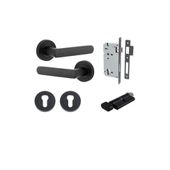 Osaka Lever - Round Rose Entrance Kit with Separate High Security Lock Matt Black / Solid Brass