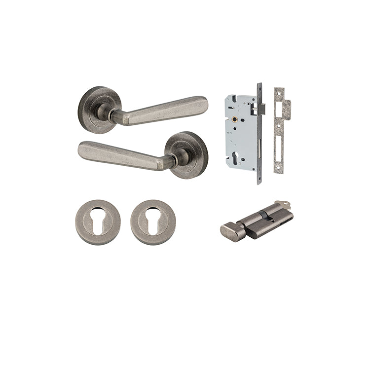 Copenhagen Lever - Round Rose Entrance Kit with Separate High Security Lock Rumbled Nickel / Solid Brass