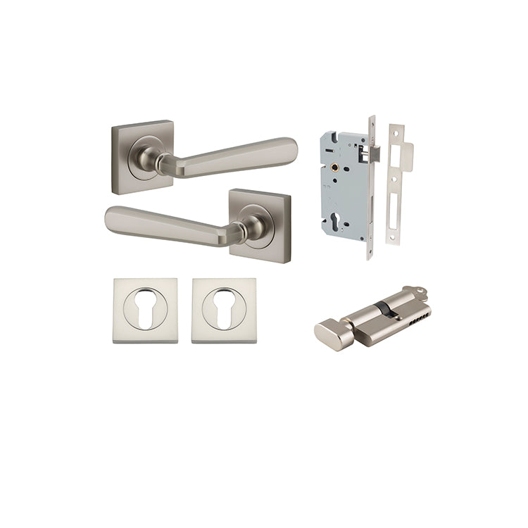 Copenhagen Lever - Square Rose Entrance Kit with Separate High Security Lock Satin Nickel / Solid Brass