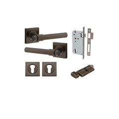 Helsinki Lever - Square Rose Entrance Kit with Separate High Security Lock Antique Brass / Solid Brass