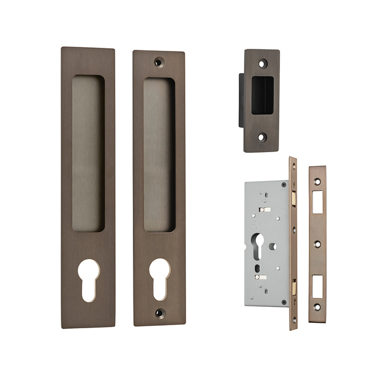 Cavity Rectangular Sliding Door Pull Entrance Kit with High Security Lock Antique Brass / Solid Brass