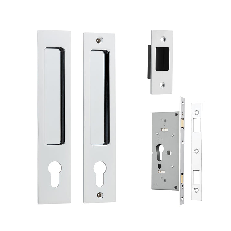 Cavity Rectangular Sliding Door Pull Entrance Kit with High Security Lock Chrome Plated / Solid Brass