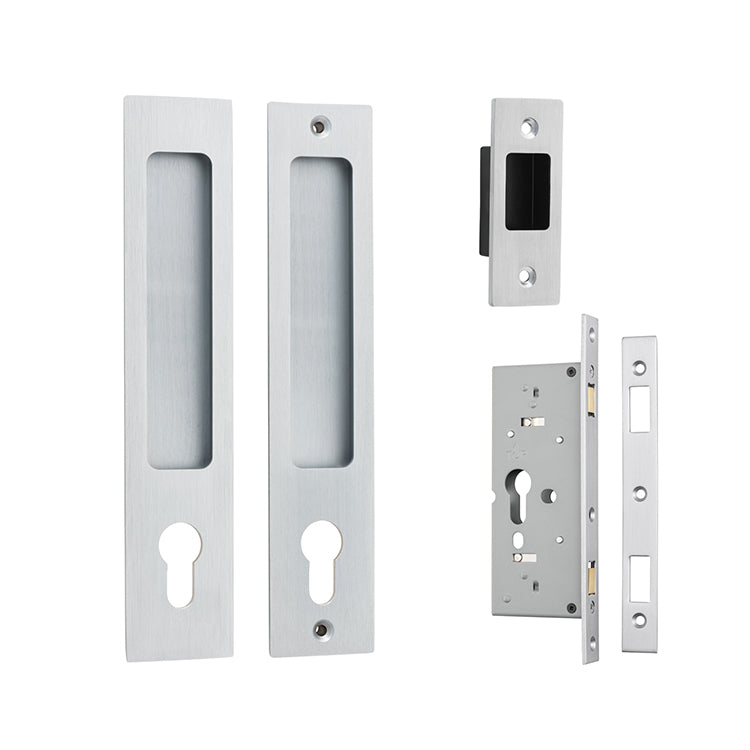 Cavity Rectangular Sliding Door Pull Entrance Kit with High Security Lock Satin Chrome / Solid Brass