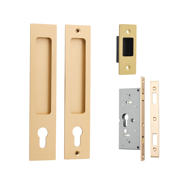 Cavity Rectangular Sliding Door Pull Entrance Kit with High Security Lock Satin Brass / Solid Brass