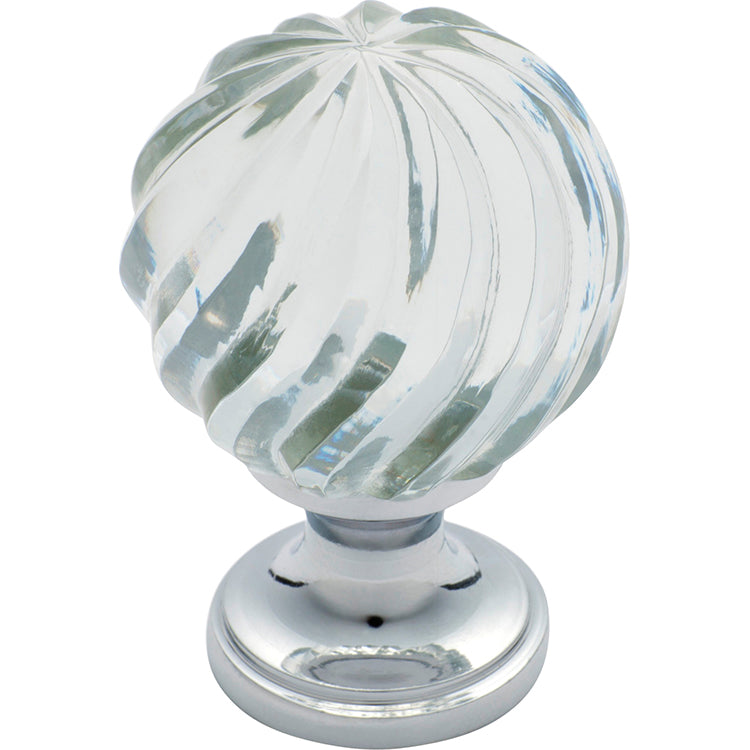 Fluted Swirl Glass Cupboard Knob Chrome Plated