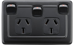 Flat Plate Rocker 3 Gang Switches with Double Socket Matt Black
