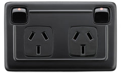 Flat Plate 2 Gang Rocker Switches with Double Socket Matt Black